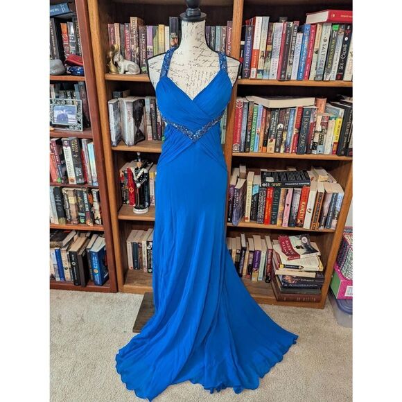 Cache Women's Size 4 Silk Blue Embellished Sequin Maxi Dress Gown Prom Wedding - Picture 2 of 9